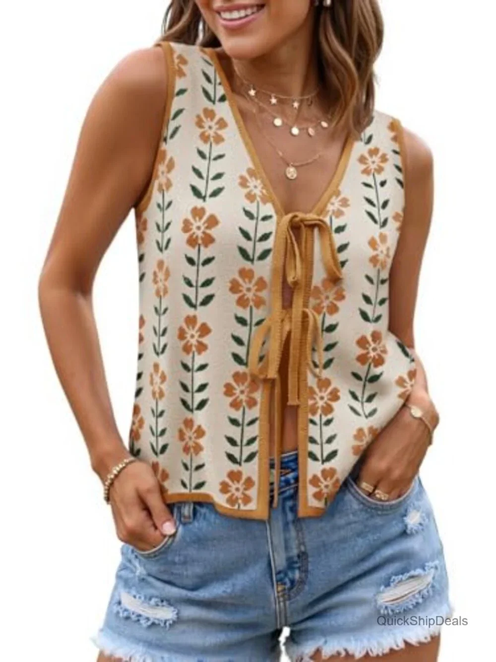 Women's Summer Tie Front Sweater Vest Loose Fit Sleeveless V-Neck Knit Top